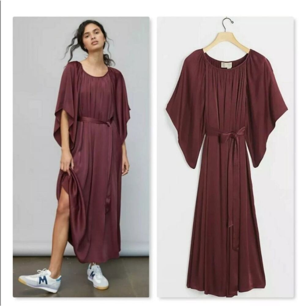 Anthropologie Cecile Wine Kimono Sleeve Satin Draped Maxi Dress Tie Waist S - Picture 3 of 13